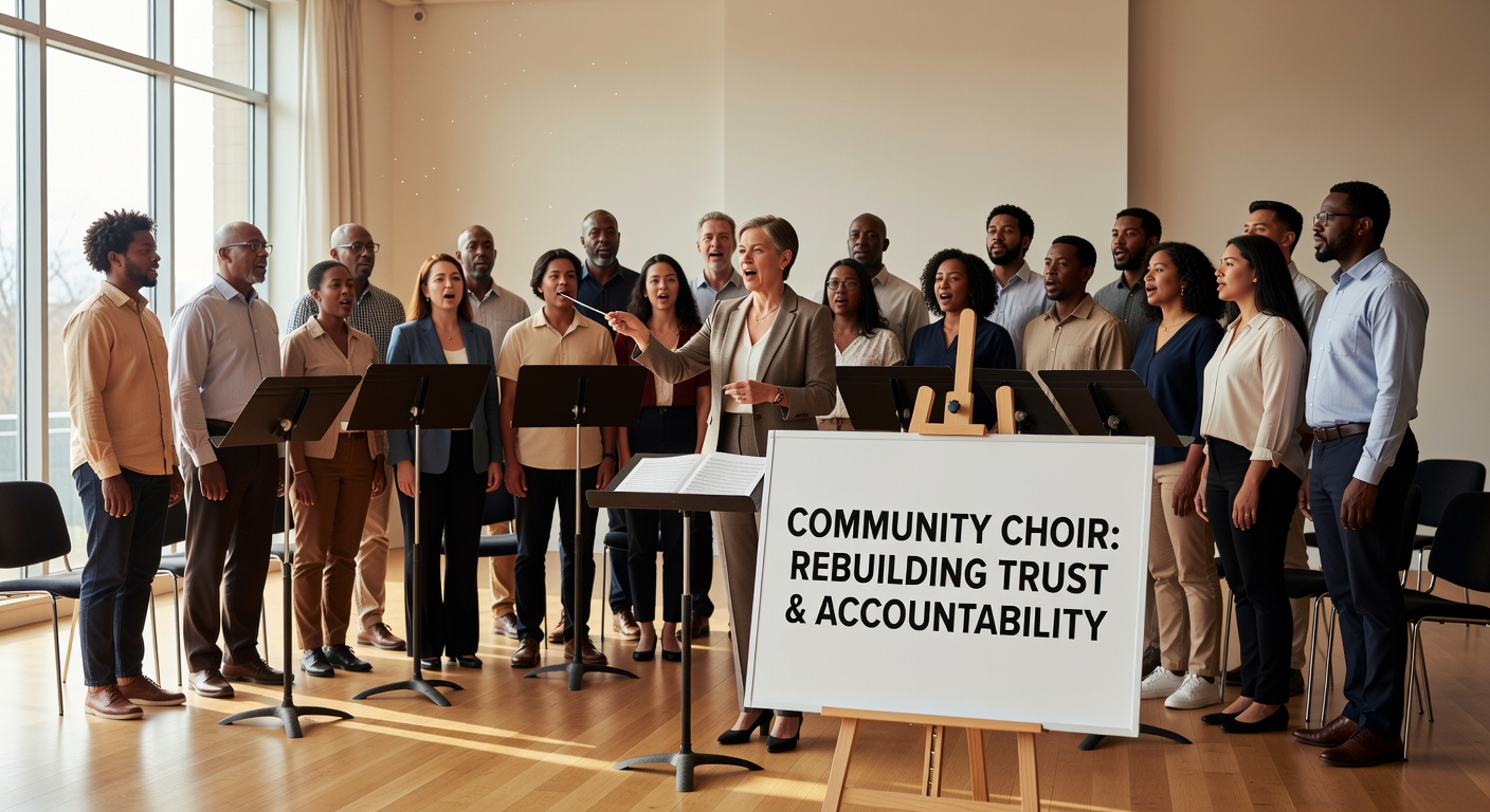 Gruppe von Erwachsenen unterschiedlichen Alters beim gemeinsamen Chorsingen während einer Probe